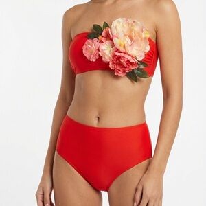 Women Red Bandeau Bikini Set with Faux Flowers size L